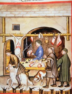 Die Metzger: Verkauf von Hammelfleisch, Illustration aus Tacuinum Sanitatis von Italian School