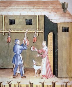 Fol.78v Die Metzger: Verkauf von Tierherzen, aus Tacuinum Sanitatis Codex Vindobonensis