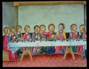 Fol.99v Während des letzten Abendmahls kündigt Christus an, dass einer der Apostel ihn verraten wird von Italian School