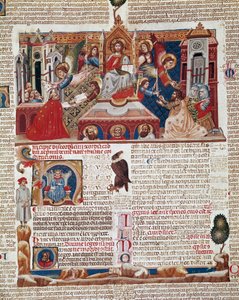 Frontispizseite des Manuskripts „Decretum Gratiani“ (Concordia discordantium canonum) von 1140, das die Gesetze und Kanones der römisch-katholischen Kirche regelt. 14. Jahrhundert, Siena, Biblioteca degli Intronati von Italian School