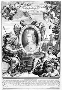Frontispiz zu Veteres arcus Augustorum triumphis insignes mit einem Porträt von Kardinal Pietro Ottoboni, graviert von Robert van Audenaerde, 1690