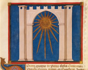 Tor der Sonne, Miniatur aus dem Register der Notare von Perugia, Manuskript, Italien, 14. Jahrhundert