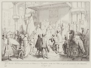 Die Veroneser Gesandten überreichen die Schlüssel und Standarten ihrer Stadt als Zeichen der Unterwerfung (Gravur) von Italian School