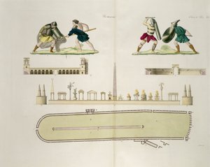 Gladiatoren und ein Plan des Zirkus von Caracalla, Tafel 23A, Klasse 5 aus Teil I der Geschichte der Nationen, graviert von A. Nani von Italian School