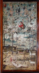 Gott erschafft Adam, Tiere, Land, Himmel und Wasser. Holzgemälde, das ein Schrankpaneel der alten Sakristei von Bramante schmückt. Basilika Santa Maria delle Grazie, Mailand, Italien von Italian School