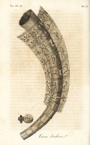Goldenes Horn von Gallehus, Trinkhorn oder Tunderense (handkolorierte Kupferstichgravur)