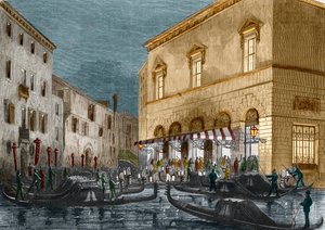 Gondoliere warten auf Zuschauer vor dem Teatro La Fenice, Venedig, Italien, aus Le Monde Illustré Nr. 564, 1868 von Italian School