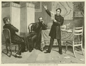 Guerrazzi liest die Belagerung von Florenz an Mazzini und Carlo Bini (Gravur) von Italian School
