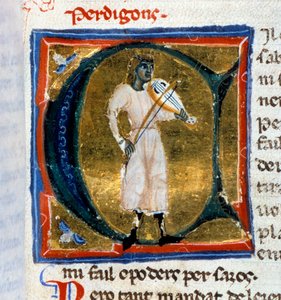 Historische Initiale (Buchstabe A). Der Troubadour Perdigon spielt die alte Weise