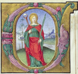 Illustrierter Initialbuchstabe G mit der heiligen Agatha