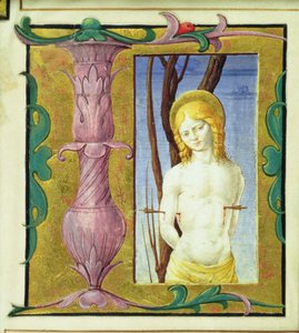 Illustrierter Initialbuchstabe L mit dem heiligen Sebastian