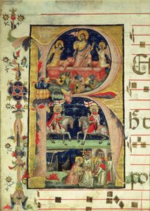 Historisierte Initiale R, die die Auferstehung, zwei Ritterheilige und einen Bischofsheiligen zeigt, der Reliquien empfängt