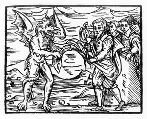Huldigung an den Teufel, Kopie einer Illustration aus Compendium Maleticarum von Fr M Guaccius, Mailand 1608, verwendet in Geschichte der Magie, veröffentlicht Ende des 19. Jahrhunderts von Italian School