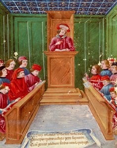 Humanismus: Unterricht im Notariatsrecht an der Universität Bologna, Miniatur aus einem Manuskript des 15. Jahrhunderts von Italian School