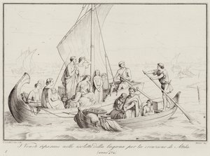 Die Venezianer fliehen auf die Inseln der Lagune vor dem Einfall Attilas, 452 (Gravur) von Italian School