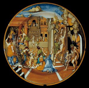 Ilias von Homer: Fayence-Teller, der den Brand von Troja darstellt