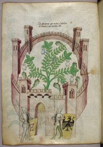 Illustration des Balsamgartens von Kairo (Fustat), mit sieben Wasserbecken und Krügen, um den Balsam zu fangen, eine Pflanze in der Mitte, mit zwei Rittern in Rüstung, die das Tor flankieren, mit Schilden mit Wappen, um 1440