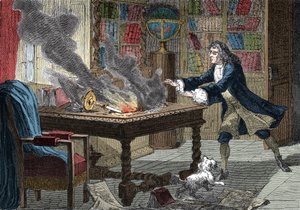 Isaac Newtons Hund stößt eine Kerze um und setzt seine Papiere in Brand. von Italian School