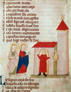 Joseph und Maria suchen Asyl. Miniatur aus „Del novo e del vedre testamento“ von Pietro da Barsegape (13. Jahrhundert) 14. Jahrhundert Mailand, Biblioteca Braidense