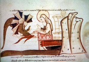 Reise des Heiligen Brandan - Begegnung des Heiligen Brendan (Brandan), Mönchsnavigator des 6. Jahrhunderts, mit einem fliegenden Meeresmonster. Manuskript Venedig, 2. Hälfte des 14. Jahrhunderts Paris, BNF, Manuskripte, Italienisch 1708, f. 16