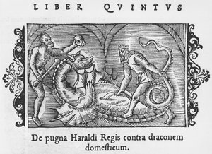 König Harald kämpft gegen einen Drachen, Illustration aus Historia de Gentibus Septentrionalibus von Olaus Magnus (1490-1558), veröffentlicht in Rom, 1555 von Italian School