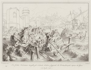 Die venezianische Flotte sammelt die lateinischen Bewohner, die vor den Griechen aus Konstantinopel fliehen von Italian School