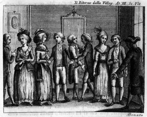 Letzte Szene des 3. Akts des Lustspiels "Ritorno della villeggiatura" (Rückkehr der Stadt) (1761) von Carlo Goldoni (1707-1793). Gravur aus dem 18. Jahrhundert