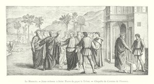 Masaccio, Jesus befiehlt Petrus, den Tribut zu zahlen, Kapelle des Carmine in Florenz (Gravur) von Italian School