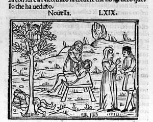 Lidia, eine ehebrecherische Frau, wird von ihrem Ehemann in den Armen von Pirro überrascht. Illustration zur Novelle 69 (Novelle 9 des siebten Tages) des „Decameron“ von Giovanni Boccaccio genannt Jean Boccaccio (1313-1375), italienischer Schriftsteller von Italian School