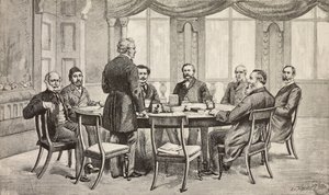 Londoner Konferenz über Ägypten, Vereinigtes Königreich: Graf Munster, Musurus Pascha, Granville (stehend), Graf Nigra, Waddington, De Staal, Childers, Graf Karolyi