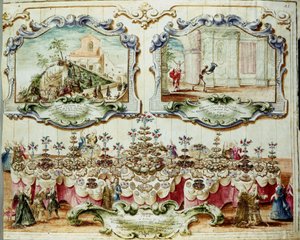 Mittagessen zu Ehren des Adels von Bologna zum Fest des Heiligen Bartholomäus. 1723. Archivio di Stato di Bologna.