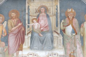 Madonna mit Kind, Erzengel Gabriel, Johannes der Täufer, Heiliger Ambrosius, Heiliger Bernhard von Italian School