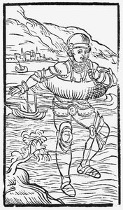 Mann mit Rettungsring, Illustration aus Historia de Gentibus Septentrionalibus von Olaus Magnus (1490-1558), veröffentlicht in Rom, 1555