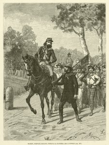 Mazzini, einfacher Soldat, trug die Fahne Gott und Volk (Gravur) von Italian School