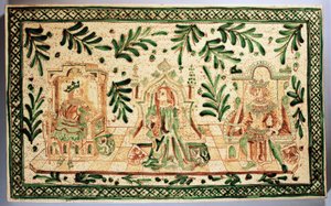 Mittelalterliche dekorative Tafel, die Konstanze von Hauteville, Roger von Sizilien und Friedrich II. von Hohenstaufen darstellt, Alessi-Herstellung, Caltagirone, Sizilien, Italien von Italian School