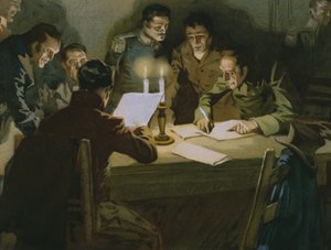 Treffen der ersten Partisanen, die sich den Besatzern widersetzen, Geburt der Carbonari, Illustration aus einem Album zur Geschichte des Risorgimento für die Schokolade Talmone, späte 19. Jahrhundert
