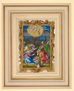 Miniatur der Geburt mit der Heiligen Familie und Hirten in einem Stall, mit drei Putti, die eine beschriftete Schriftrolle tragen, und der Verkündigung an die Hirten im Hintergrund (Pergament)