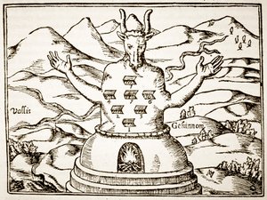 Moloch, Kopie einer Illustration aus Oedipus Aegyptiacus von Athanasius Kirchner, Rom 1652, verwendet in einer Geschichte der Magie, veröffentlicht Ende des 19. Jahrhunderts