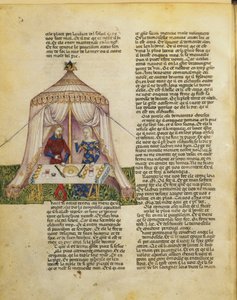 Sir Percival wird von einer Jungfrau verführt, die ihm ein Festmahl gibt, bevor sie ihn verführt, aus der Queste del Saint Graal, ca. 1380-85
