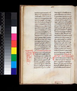 Beispiel einer gotischen Buchschrift mit Rubriken und Randkorrekturen in Rot