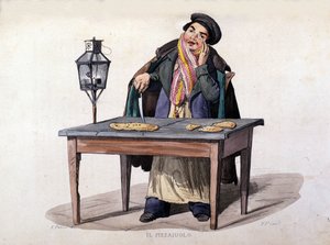 Neapel, Pizzaverkäufer. Gravur nach einem Gemälde von F. Palizza. Aus einem Werk von Francesco de Bourcard „Costumi del regno di Napoli“
