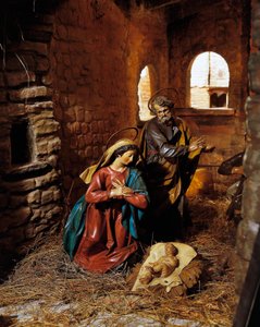 Geburt Christi, Krippenszene aus dem Madonnetta-Heiligtum, Holzfiguren, Genua, Ligurien, Italien