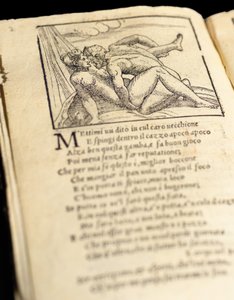 Seite aus "Sonetti Lussuriosi" von Pietro Aretino, illustriert von Giulio Romano und graviert von Marcantonio Raimondi, veröffentlicht in Venedig, ca. 1527 von Italian School
