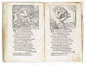 Seite aus "Sonetti Lussuriosi" von Pietro Aretino, illustriert von Giulio Romano und graviert von Marcantonio Raimondi, veröffentlicht in Venedig, ca. 1527