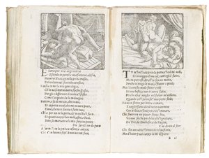 Seite aus "Sonetti Lussuriosi" von Pietro Aretino, illustriert von Giulio Romano und graviert von Marcantonio Raimondi, veröffentlicht in Venedig, ca. 1527