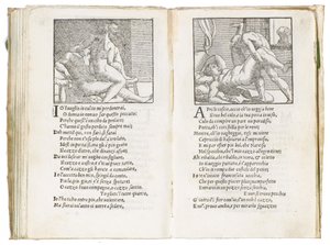 Seite aus "Sonetti Lussuriosi" von Pietro Aretino, illustriert von Giulio Romano und graviert von Marcantonio Raimondi, veröffentlicht in Venedig, ca. 1527