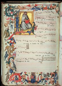 Seite mit musikalischer Notation und historisiertem Initial, aus dem Squarcialupi-Codex, produziert im Florentiner Kloster S. Maria degli Angeli