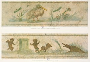 Pelikane, Wasserpflanzen und Pygmäen fliehen vor einem Krokodil, nach den originalen Fresken, aus Images du Colombaire de la Villa Pamphilj von G. Bendinelli, 1941