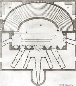 Plan des Olympischen Theaters in Vicenza, entworfen von Andrea Palladio, gebaut 1580-85 von Italian School