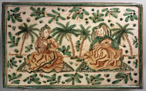 Teller mit Musikern im Palmengarten, Dekoration inspiriert von der Zeit Friedrichs II., dekorative Keramik, 30 cm, Alessi Herstellung, Caltagirone, Sizilien, Italien, 20. Jahrhundert